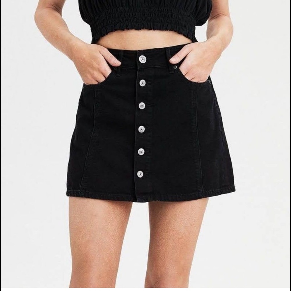 American Eagle Hi Rise A Line Skirt Black Denim Full Open Front Button Women’s 6